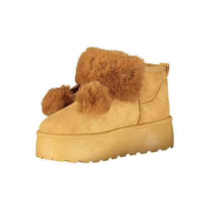 Laura Biagiotti Brown Polyester Women Boot with fur collar and pom poms, featuring a subtle 4 cm wedge for cozy chic style.