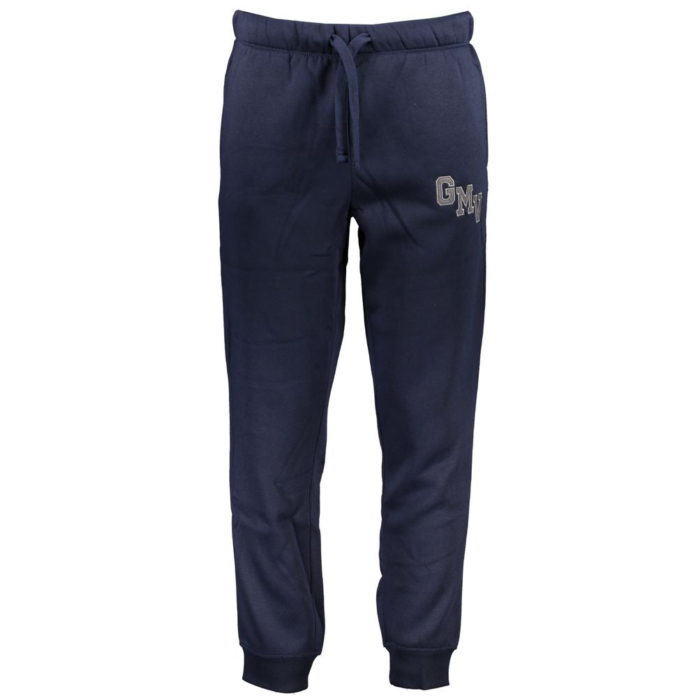 Gianmarco Venturi Blue Cotton Pant, sports trousers featuring elastic waist with laces, 3 pockets, ankle cuff, embroidery, and logo.