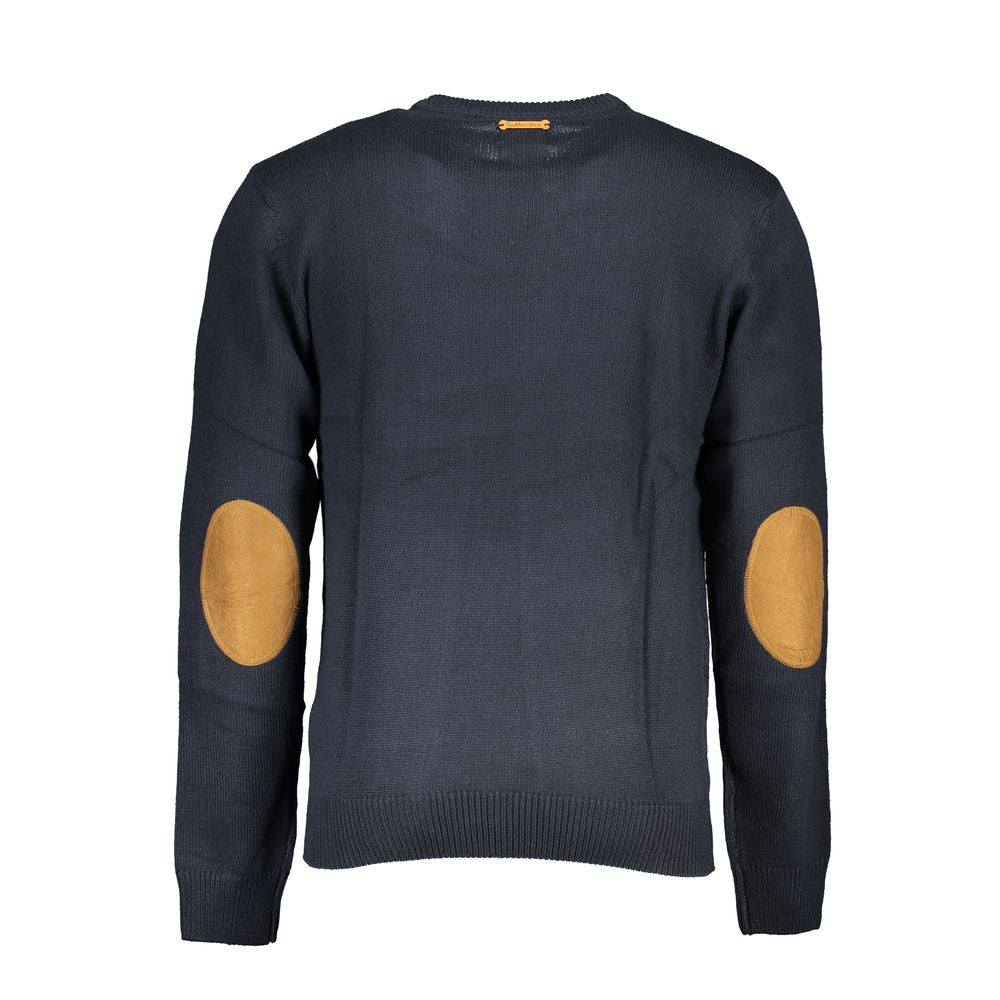 Gianmarco Venturi Blue Cotton Sweater, long-sleeved, crew neck with embroidery and logo, featuring elbow patches.