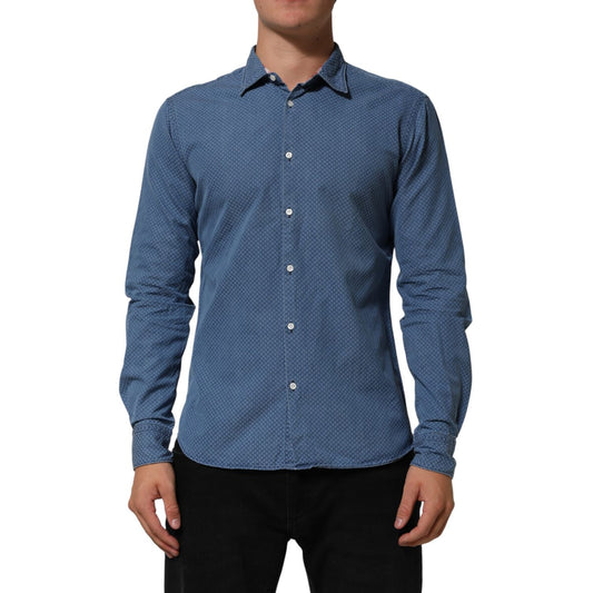 AGLINI Blue Cotton Slim Fit Collared Long Sleeve Casual Shirt