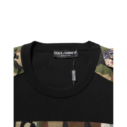 Dolce & Gabbana Black Patchwork Crew Neck Pullover Sweater