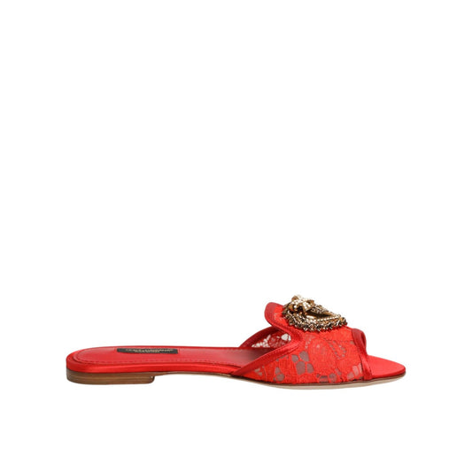 Dolce & Gabbana Red Devotion Lace Flats Slip On Sandals Shoes