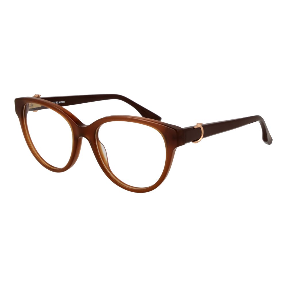 Trussardi Brown Acetate Glasses (Frames) for women, full-rim butterfly style, brown color with demo lenses and branded case included.