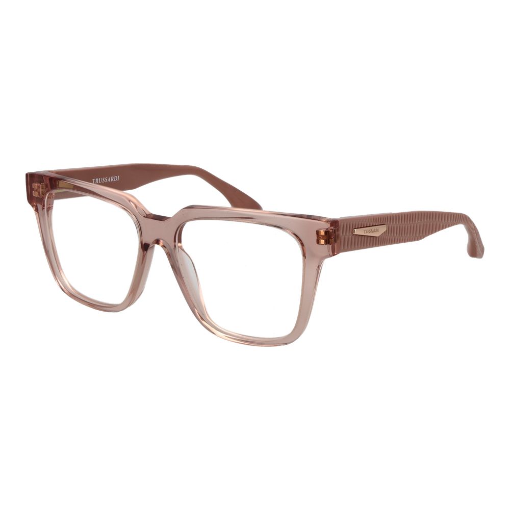 Trussardi Pink Acetate Glasses (Frames) for women with rose full-rim square style, acetate material, demo lenses, and branded case.