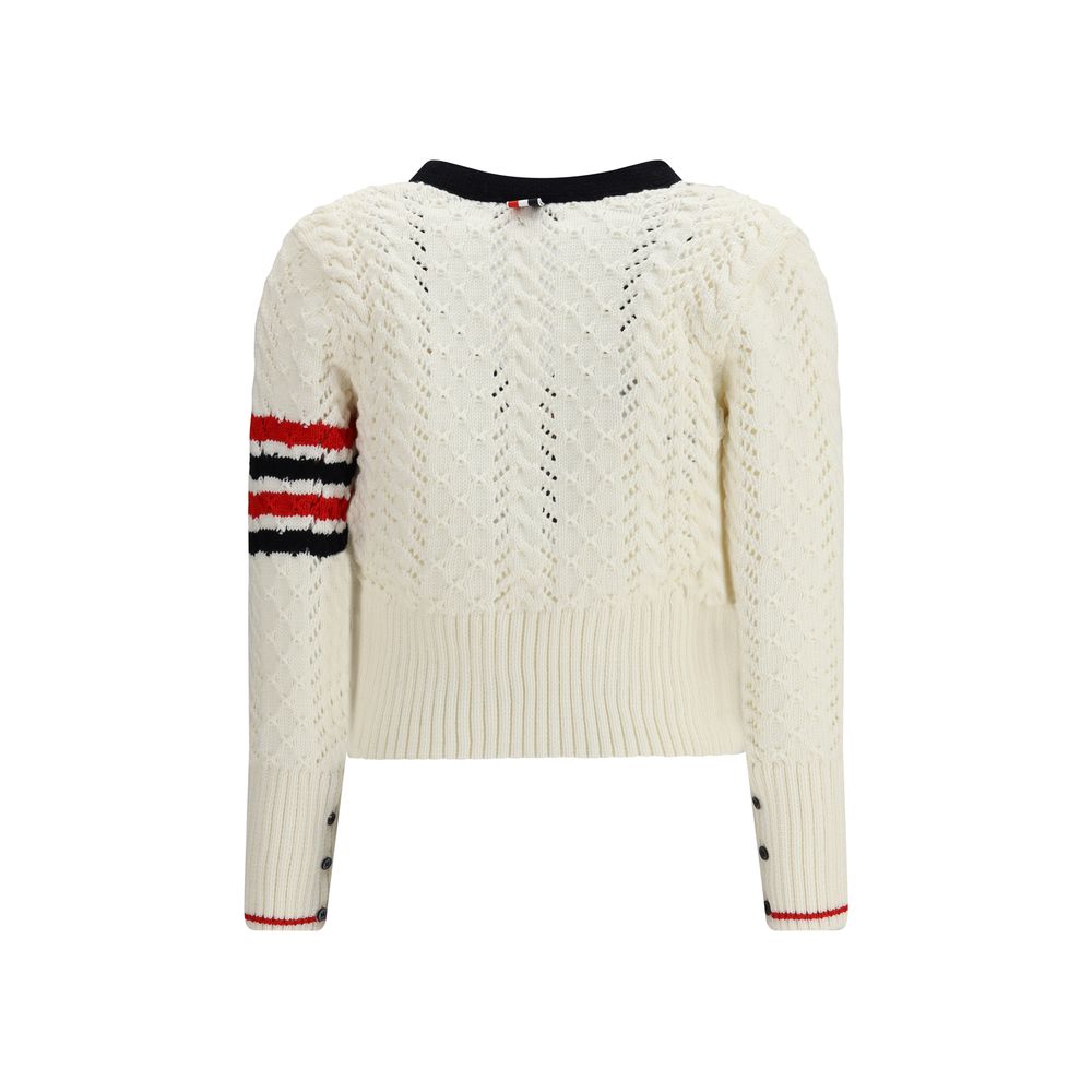 Back view of Thom Browne White Fleece Wool Cardigan with signature stripe accents and ribbed trims.