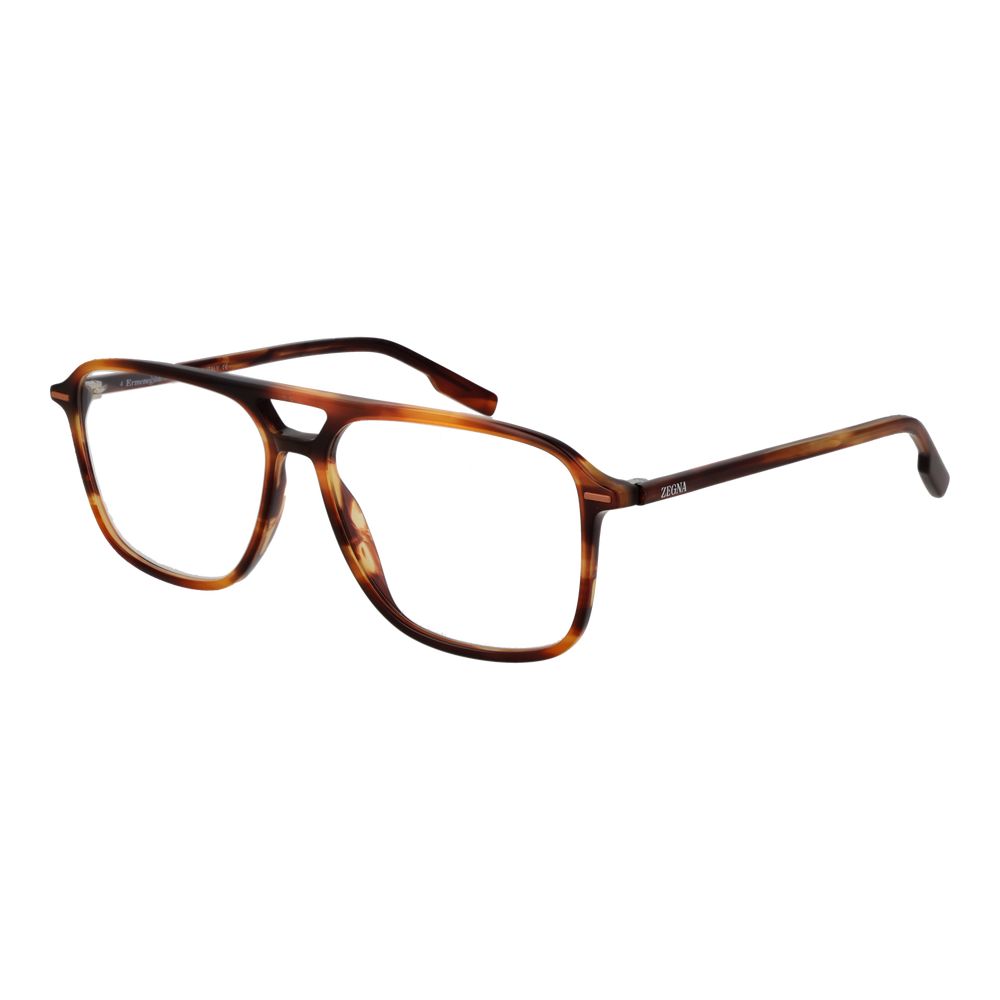 Ermenegildo Zegna Brown Acetate Glasses (Frames) - Men's full-rim aviator style with demo lenses, 57mm width, branded case included.