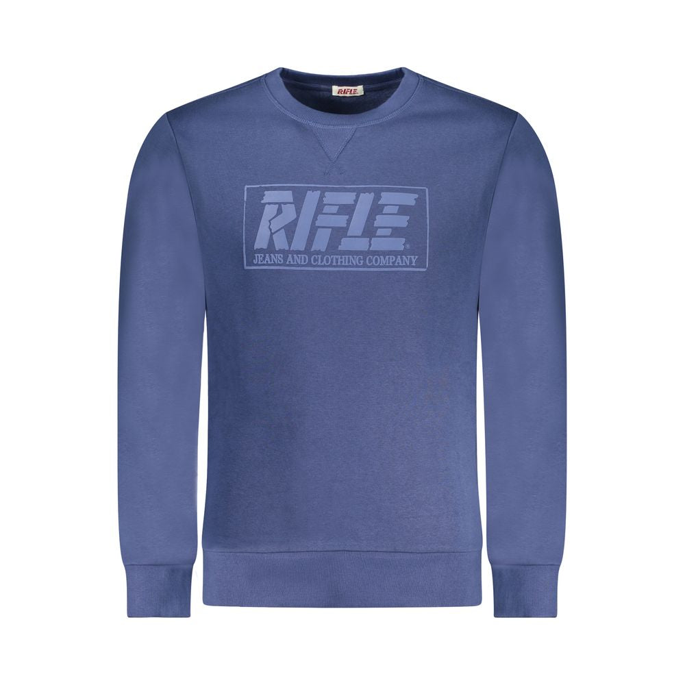 Rifle Blue Cotton Men Sweater with logo print, trendy long-sleeve crew-neck, ideal for modern fashion-forward style.
