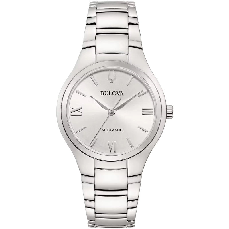 BULOVA Mod. CLASSIC wristwatch, lady's automatic with stainless steel case and strap, 34mm, water-resistant 3 ATM, in official box.