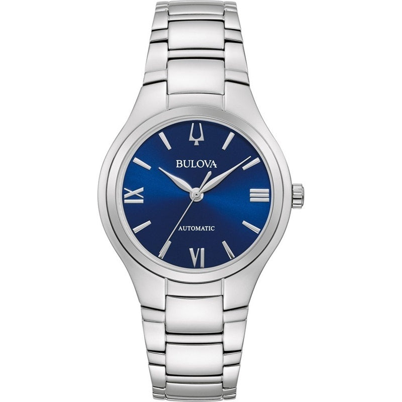BULOVA Mod. CLASSIC wristwatch, 34mm stainless steel case and bracelet, automatic movement, blue dial, water resistant, official box.