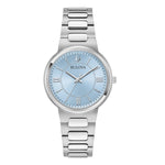 BULOVA Mod. CLASSIC ELEGANT watch with silver bracelet and blue dial, featuring Roman numerals.