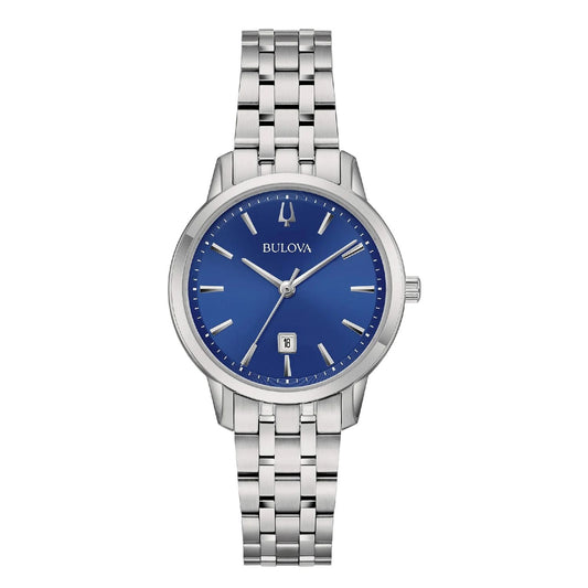 BULOVA Mod. SUTTON lady's wristwatch with stainless steel case and bracelet, blue dial, quartz movement, and official packaging.