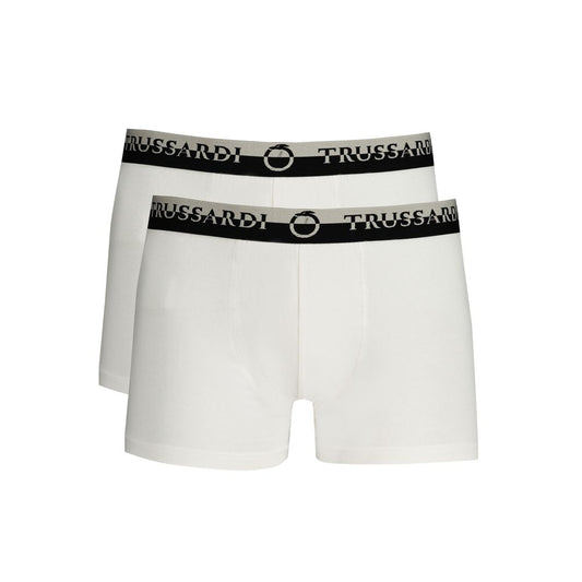 Trussardi White Cotton Underwear bi-pack with elastic waist, logo print, and double elastic boxer parts for comfort and style.