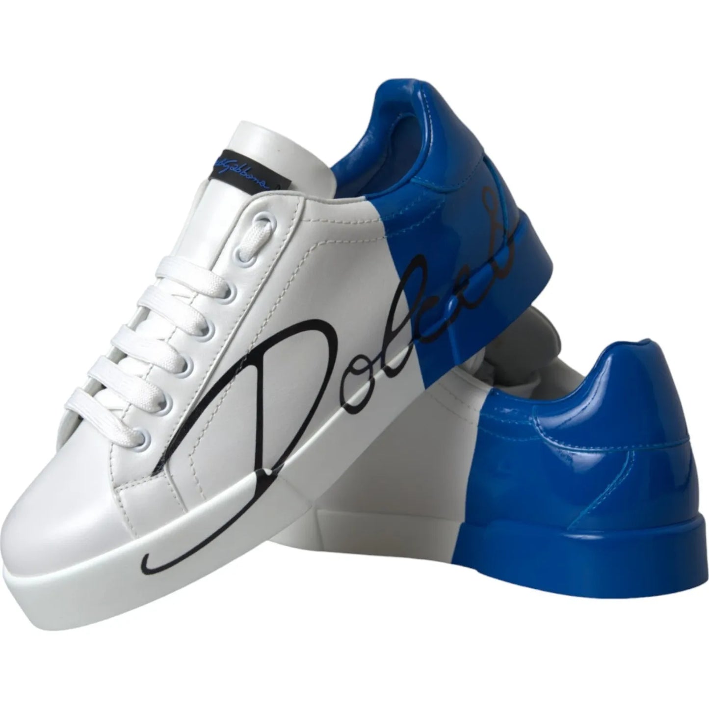 Dolce & Gabbana White Blue Logo Low Top Leather Sneakers Shoes made in Italy with calfskin and rubber sole.