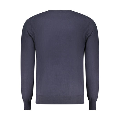 Back view of Accademia Militare Blue Cotton Men Sweater showcasing long sleeves and luxurious craftsmanship.