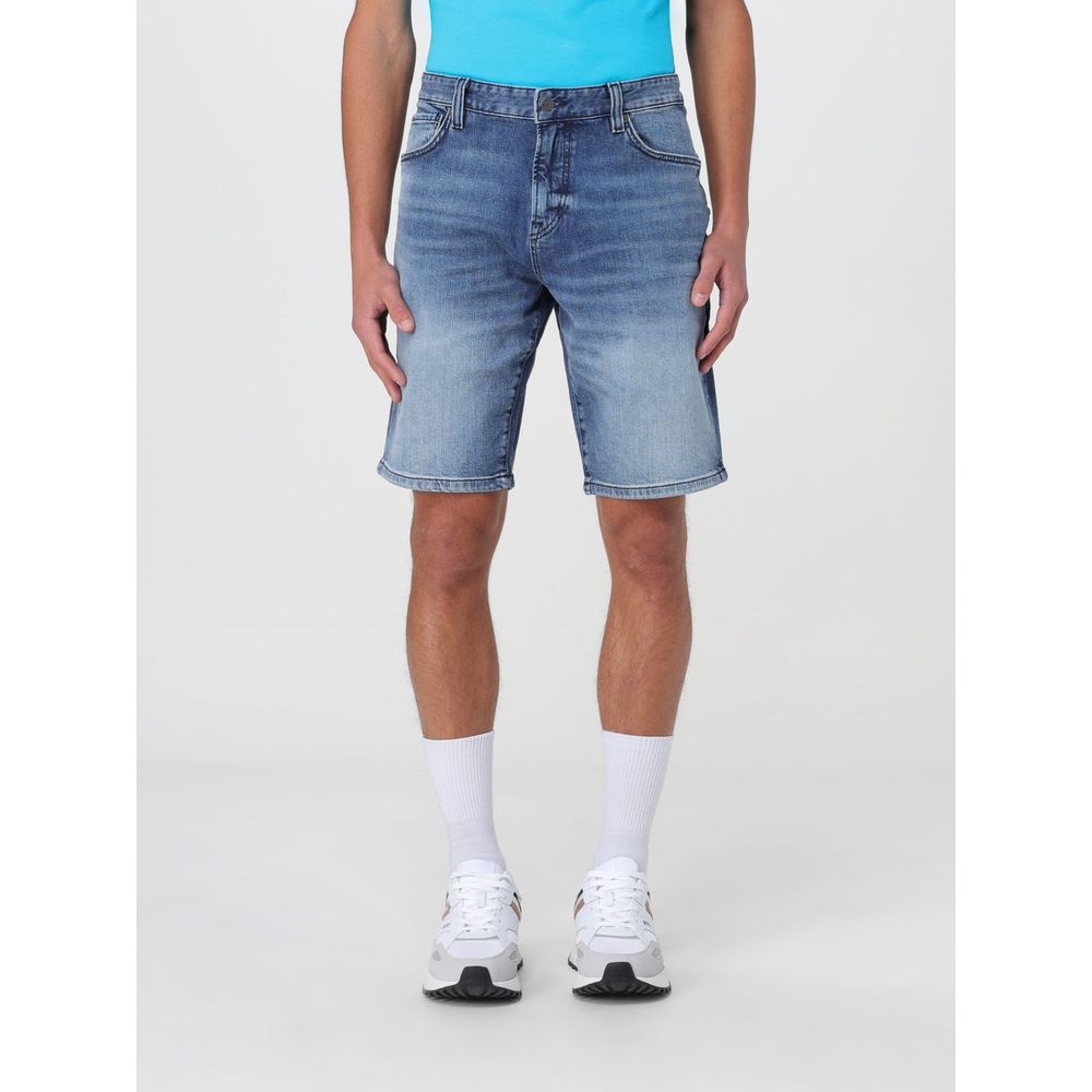 Hugo Boss Blue Denim Shorts featuring durable material and practical pockets, size 40, shown worn with a comfortable fit.