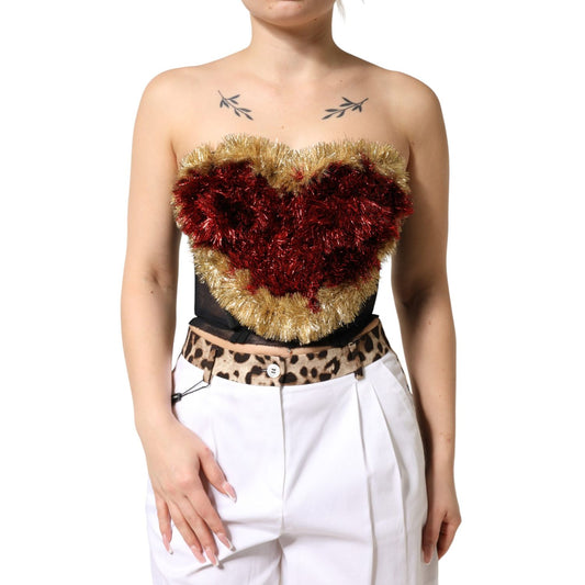 Dolce & Gabbana Black Gold Heart Bustier Corset Tinsel Top