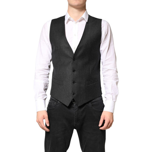 Dolce & Gabbana Black Stripes Wool Dress Men Waistcoat Vest1728,67345645728,Black,Clothing,Dolce & Gabbana,IT48 | M,Material: 100% Virgin Wool,Men,New with tags,Suits & Blazers - Clothing,Waistcoats - Suits & Blazers - Clothing