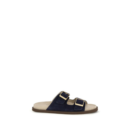 Brunello Cucinelli Blue Calf Leather Bos Taurus Flat Sandals