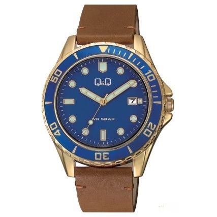 Q&Q Mod. GENT DATE wristwatch with leather strap, 5 ATM water resistance, quartz movement, blue dial, and mineral glass. Metal case, official box.