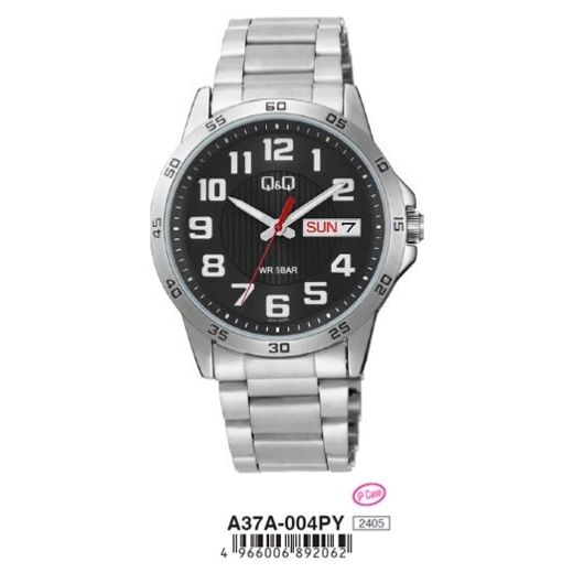 Q&Q Mod. GENT DAY & DATE wristwatch with 5 ATM water resistance, 40mm metal case, SS bracelet, quartz movement, day & date function.