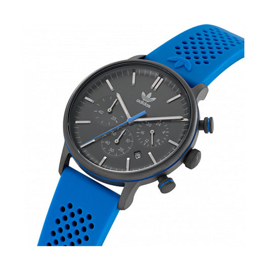 ADIDAS Mod. CODE ONE CHRONO ladies wristwatch, 40 mm SS IP Gun case, blue silicone strap, quartz chronograph with date, official packaging.