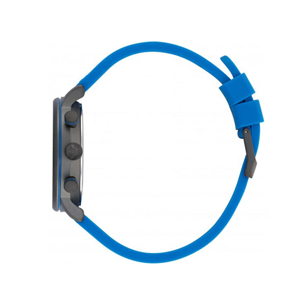 Side view of ADIDAS Mod. CODE ONE CHRONO wristwatch with blue silicone strap and 40mm stainless steel case, showcasing chronograph buttons.