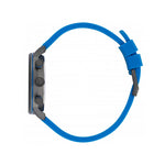 Side view of ADIDAS Mod. CODE ONE CHRONO wristwatch with blue silicone strap and 40mm stainless steel case, showcasing chronograph buttons.