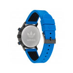 ADIDAS Mod. CODE ONE CHRONO wristwatch with blue silicone strap, 40mm SS IP Gun case, featuring a chronograph, date function, and official box.