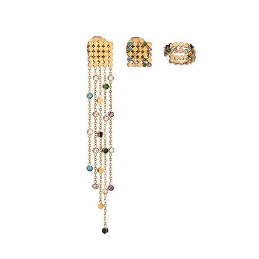 Gold beaded and tassel jewelry set by AN JEWELS JEWELRY Mod. AB.EP013 with multicolored gems on white background.