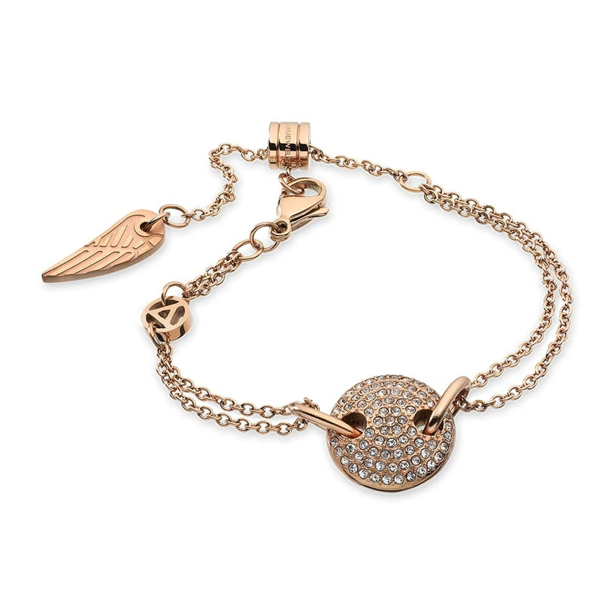 AN JEWELS JEWELRY Mod. AL.BJT01RC gold bracelet with wing and disc charms on white background.