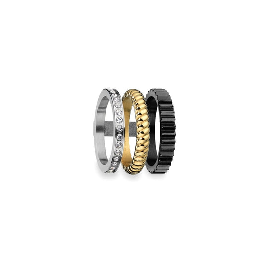 Three metal rings featuring AN JEWELS JEWELRY Mod. AR.R3NS03SYK-9 with silver, gold, and black designs.