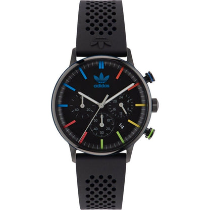 Adidas Black Synthetic Sport Watch with quartz mechanism, analog display, black stainless steel case, silicone bracelet, stopwatch.