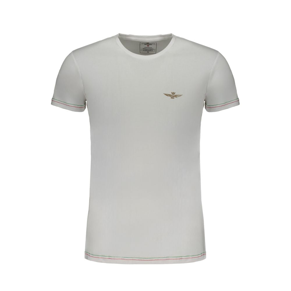 Aeronautica Militare White Cotton T-Shirt with short sleeves, crew neck, and logo, featuring contrast details and print design.