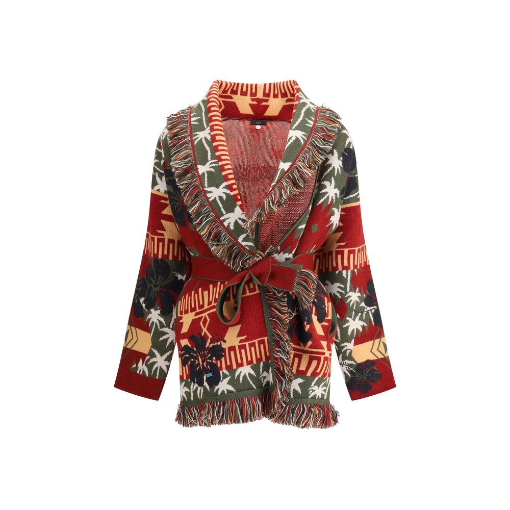 Alanui Multicolor Fleece Wool Cardigan with hibiscus and palm pattern, featuring a two-tone sash belt and fringed edges.