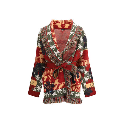 Alanui Multicolor Fleece Wool Cardigan with hibiscus and palm pattern, featuring a two-tone sash belt and fringed edges.