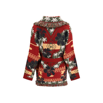 Alanui Multicolor Fleece Wool Cardigan with hibiscus and palm design, featuring belt and fringed edges, made in Italy from virgin wool.