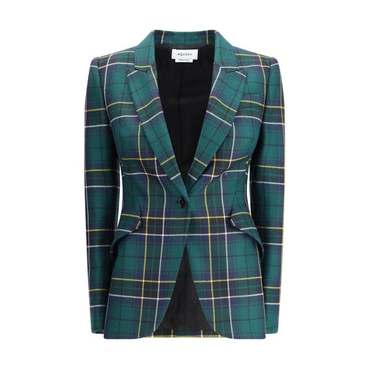 Alexander McQueen Green Wool Blazer with check pattern and sleek peaked lapel.