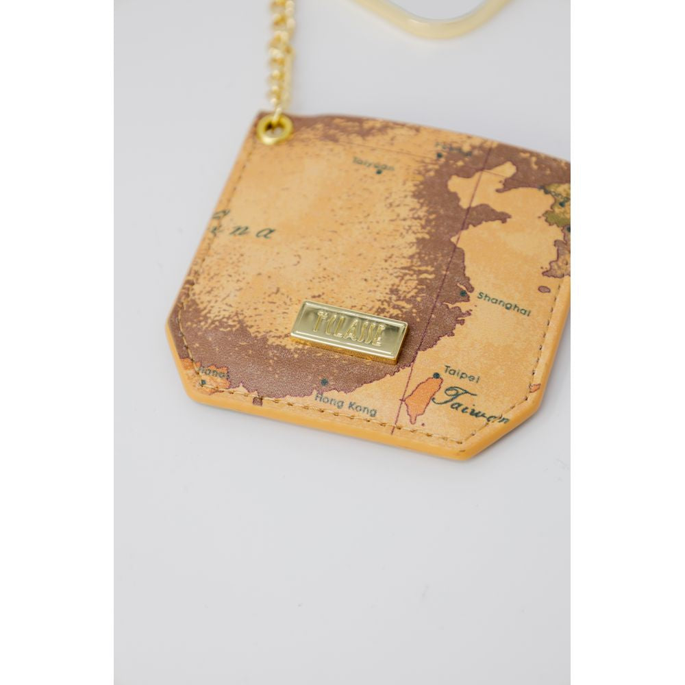 Alviero Martini Prima Classe Beige Copper Accessory keychain with gold-tone chain, stylish women's leather accessory, map design detail.