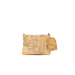 Alviero Martini Prima Classe Beige Leather Handbag with geographic print and dual-tone chain.