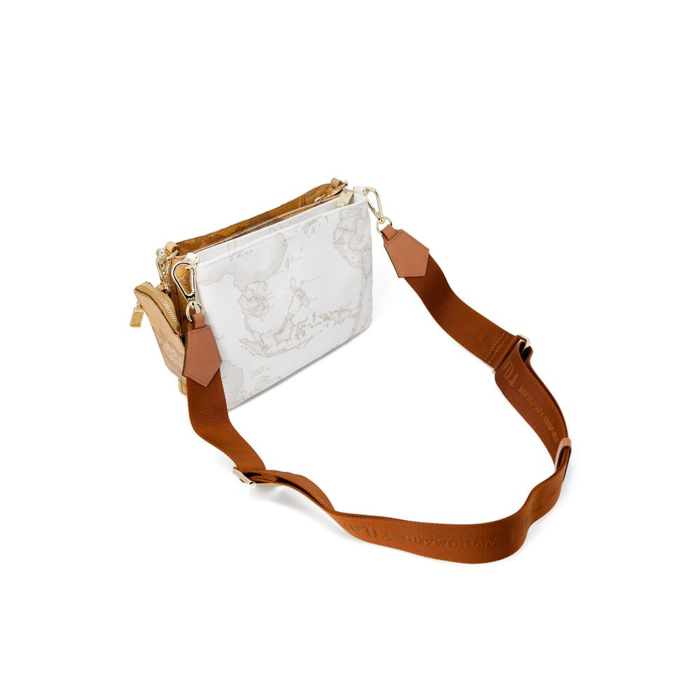 Alviero Martini Prima Classe Beige Leather Handbag with geographic print and dual-tone metal chain, elegant and iconic design for luxury fashion.