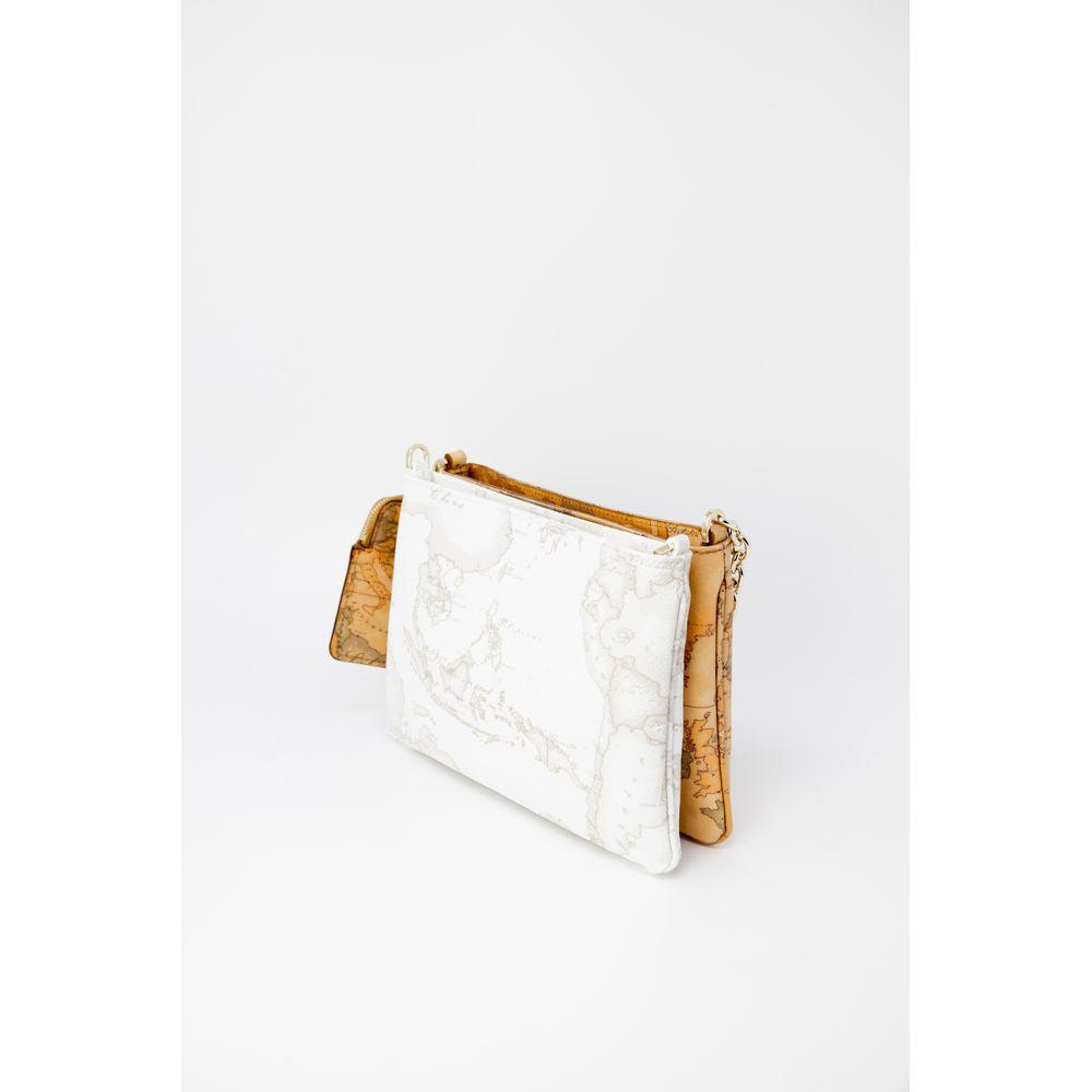 Alviero Martini Prima Classe Beige Leather Handbag with signature geographic print and metal chain on white background.