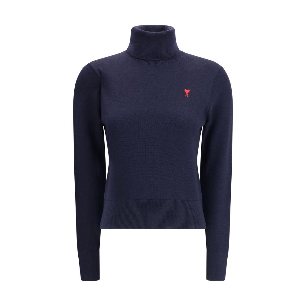 Ami Paris Blue Merino Wool Turtleneck with ribbed collar, cuffs, and hem, featuring an embroidered logo for a stylish and refined look.