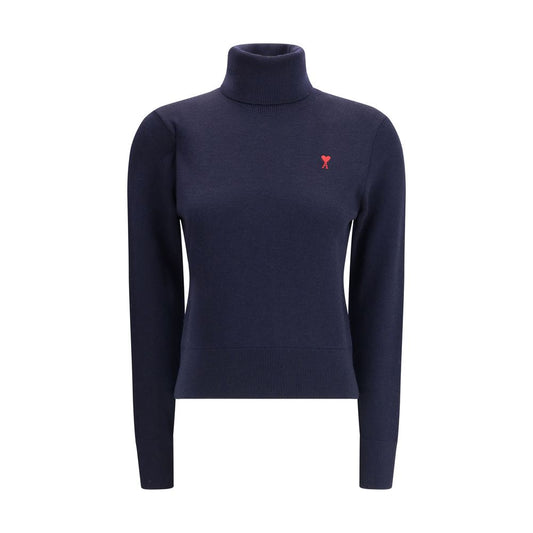 Ami Paris Blue Merino Wool Turtleneck with embroidered logo, featuring ribbed collar, cuffs, and hem for a refined, polished style.