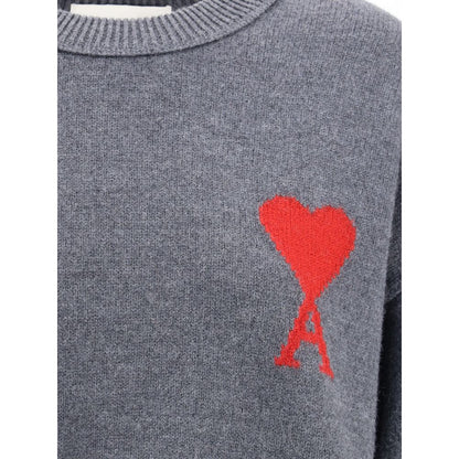 Ami Paris Gray Fleece Wool Sweatshirt with red jacquard heart logo on the chest, showcasing modern design with ribbed hem and cuffs.