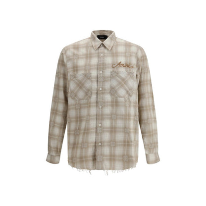 Amiri Beige Cotton Pattern Shirt with plaid flannel, classic collar, button closure, embroidered logo, and patch pockets.