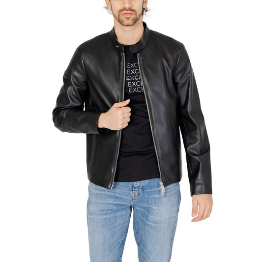 Armani Exchange Black Polyester Jacket worn by model, showcasing its contemporary design and soft technical fabric