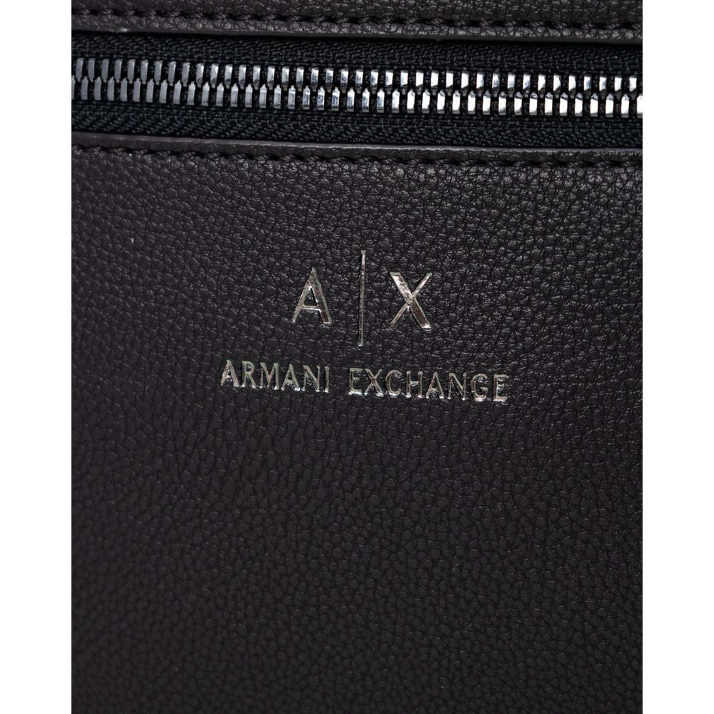 Close-up of Armani Exchange Black Polyester Messenger Bag with logo and zip detail.