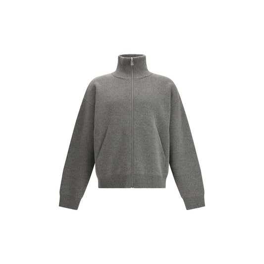 Axel Arigato Core zip-up Cardigan in grey wool blend with high collar, long sleeves, front zip, ribbed trims, and side pockets.