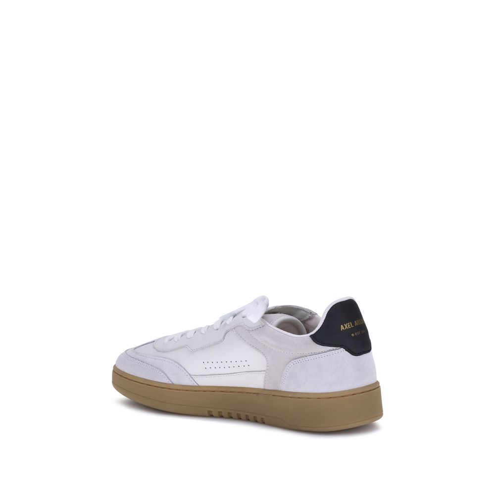 Axel Arigato White Calf Leather Bos Taurus Low Top Sneakers with suede detail and flat sole, side view.