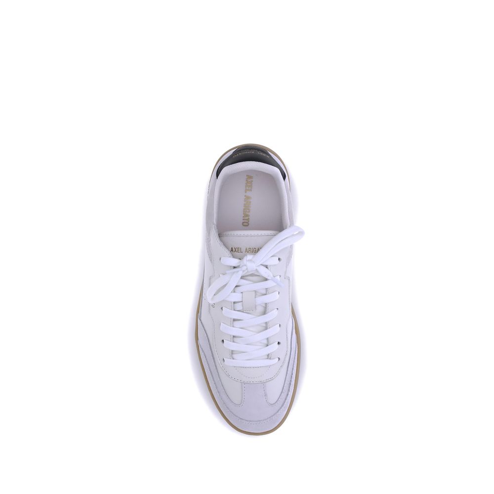 Top view of Axel Arigato White Calf Leather Bos Taurus Low Top Sneakers with lace-up closure and cushioned fit.